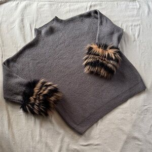 Saks Fifth Avenue Gray Sweater with Faux Fur Cuffs XL, Like New